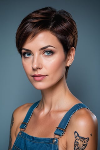 upper_body, portrait, Color raw digital photo of a woman, 38 y.o, very short pixie haircut, brown hair, light blue eyes, outlined eyebrows,  a leopard skin tattoo on her left arm, wearing a pair of jean overalls, confident, stylish, serious expression, (She is posing for the camera with her hand on her chin: 1.2), sensual looking, simple light gray background, bokeh, (front of viewer: 1.2), (high detailed skin:1.2), film grain, grainy, award-winning photo, absurdres, masterpiece, natural light and shadows, unbelievably detailed, (anatomical masterpiece: 1.2), The lens is an 85mm telephoto lens with an aperture of f/2.8, The exposure time is 1/125 seconds, The sensitivity of the sensor is 200 ISO,<lora:659095807385103906:1.0>