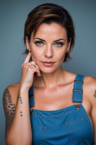 upper_body, portrait, Color raw digital photo of a woman, 38 y.o, very short hair, brown hair, light blue eyes, outlined eyebrows,  a leopard skin tattoo on her left arm, wearing a pair of jean overalls, confident, stylish, serious expression, (She is posing for the camera with her hand on her chin: 1.2), sensual looking, simple light gray background, bokeh, (front of viewer: 1.2), (high detailed skin:1.2), film grain, grainy, award-winning photo, absurdres, masterpiece, natural light and shadows, unbelievably detailed, (anatomical masterpiece: 1.2), The lens is an 85mm telephoto lens with an aperture of f/2.8, The exposure time is 1/125 seconds, The sensitivity of the sensor is 200 ISO,,<lora:659095807385103906:1.0>