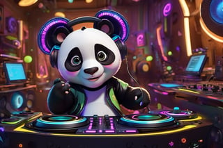 3D style,(masterpiece, best_quality, ultra-detailed:1.3), epic, illustration, welcoming,3d render, panda girl dj playing a set,1girl,solo