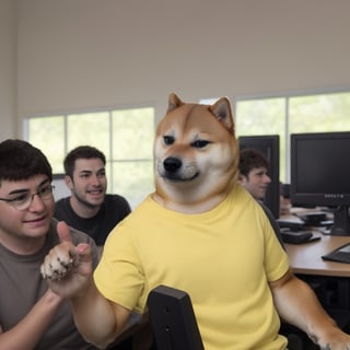 (hyperrealistic:1), An angry humanoid dog ("cheems+MNTYDGE":1) Turning and pointing paw-finger. wearing a yellow t-shirt, in a classroom computer lab with other humans. 