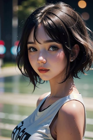 A girl in anime costume, colourfull bright background, short straight hair, shining lips, wearing t shirt, ultra realistic, hdr, 32k