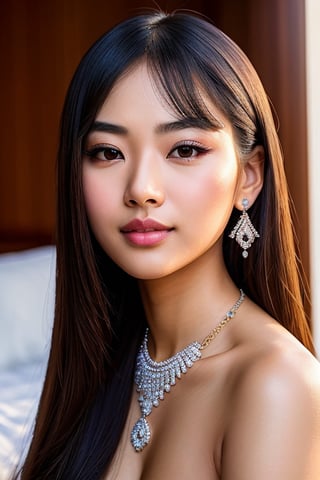 asian girl, attractive, ultra detailed realistic illustration, detailed beautiful face, full body view, dreamy, glowing, backlit, glamour, shimmer, shadows, strokes, smooth, ultra high definition, 8k, unreal engine 5, ultra sharp focus, highly detailed, vibrant, cinematic production character rendering, very high quality model, full body, hyper detailed photography, soft light, ultra detailed, immensely attractive, extremely appealing, caring and playful expressions, detailed face, detailed eyes, mesmerizing beauty, show full body, gorgeous bedroom, Diamond necklace, Diamond earrings, sitting_down, 