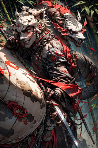 weapon, no_humans, panda warrior holding a sword, 1male, smile, scar in the face accross eye, shield lying on the ground, bamboo background, red armor,  dragon flying in the background, blurry_foreground, bokeh, full body,