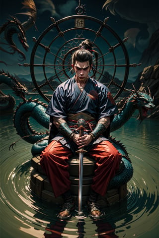 masterpiece, best quality, ultra-detailed, 1male, a samurai holding a sword sitting above the water with dragon as a background. stern look, man bun hairstyle, mechanical arm, blue samurai outfit, softlight coming from above, dark dragon nest background with with dream catcher, medium shoot