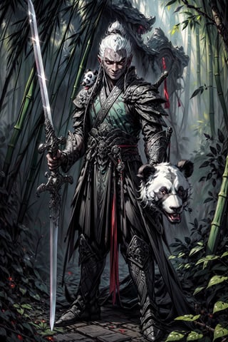 masterpiece, best quality, ultra-detailed, weapon, no_humans, animal panda, sword and shield, 1male, smile, scar in the face accross eye, bamboo  forest background, green armor, blurry_foreground, full body, drow, bokeh,