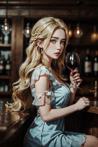 a woman sitting in the bar holding a glass of wine with saddness in her face, (long hair, blue eyes, blonde hair color:1,4), bar background with people talking, british woman, masterpiece, detailed eyes, long shot, side shot, see through, wearing a dress, perfecteyes, Detailedface, night theme, full_body