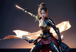 Produce a captivating wallpaper with a full-body portrayal of a female Samurai warrior exuding strength and grace. She stands confidently in ornate armor, her katana held firmly, a symbol of her readiness for combat. The background should envelop her in an atmosphere of mystery and intensity, setting the stage for an epic battle.