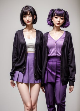 a couple of women standing next to each other, viridescent at shoulder height, wearing jacket and skirt, inverted triangle body type, wearing a cardigan, standing posture, frontal pose, distorted pose, standing pose, purple and black clothes, 🔞🤡, short person, wearing in cardigan, wearing clothes, low quality video, waist height, purple clothes