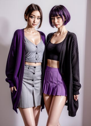 a couple of women standing next to each other, viridescent at shoulder height, wearing jacket and skirt, inverted triangle body type, wearing a cardigan, standing posture, frontal pose, distorted pose, standing pose, purple and black clothes, 🔞🤡, short person, wearing in cardigan, wearing clothes, low quality video, waist height, purple clothes