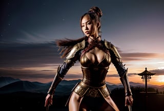 Produce a captivating wallpaper with a full-body portrayal of a female Samurai warrior exuding strength and grace. She stands confidently in ornate armor, her katana held firmly, a symbol of her readiness for combat. The background should envelop her in an atmosphere of mystery and intensity, setting the stage for an epic battle.