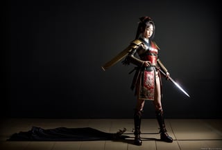 Produce an exquisite wallpaper featuring a full-body view of a female Samurai warrior, ensuring the character exudes a distinctly Japanese appearance. She should be adorned in intricate armor, holding a gleaming katana, and radiating an aura of unwavering readiness for battle. The background should immerse this fierce female warrior in a dark and mysterious setting, adding depth and intensity to the scene while staying true to the Japanese aesthetic.