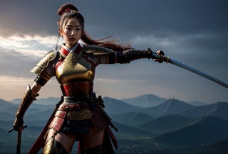 Produce a captivating wallpaper with a full-body portrayal of a female Samurai warrior exuding strength and grace. She stands confidently in ornate armor, her katana held firmly, a symbol of her readiness for combat. The background should envelop her in an atmosphere of mystery and intensity, setting the stage for an epic battle.