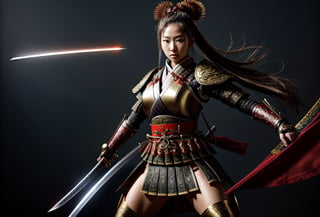 Produce a captivating wallpaper with a full-body portrayal of a female Samurai warrior exuding strength and grace. She stands confidently in ornate armor, her katana held firmly, a symbol of her readiness for combat. The background should envelop her in an atmosphere of mystery and intensity, setting the stage for an epic battle.