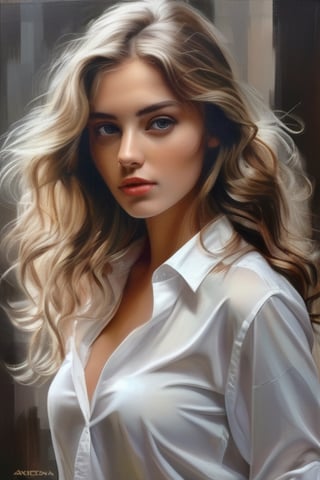 painting of beautiful girl with a white shirt, in the style of realistic and hyper-detailed renderings, ferrania p30, andrei markin, light silver and dark bronze, serene faces, wavy, eye-catching detail 