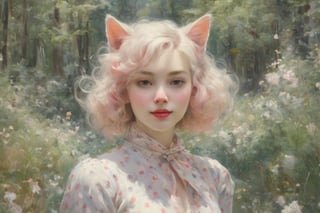 Best Quality, Highly Detailed, HD, 8k, Rule of Thirds, Oil Painting, Portrait, White Cat Floating in Flowers, ((Cat in a Dress, Pink polka dot Scarf)), ((Small  ears)), Morning Forest, ((One Piece Dress)), Morning Forest, (St: 1.25), (Flight: 1.25), Dream Waves, (Aesthetic: 1.25) Abstract (Sharp:1.1), Looking at the Camera, Smile, (Wearing a Necklace and Earrings), Art by Sargent, Art by Sargent, Close-up Shot