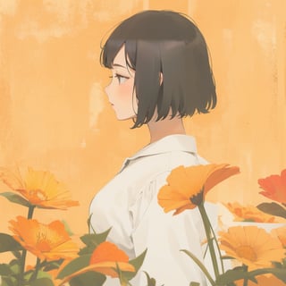 1girl, solo, short hair, black hair, upper body, flower, redscale, profile,(best quality