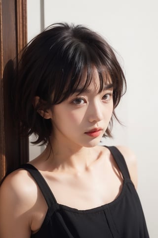 1girl, solo, looking at viewer, short hair, black hair, collarbone, upper body, black eyes, lips, messy hair, freckles, realistic