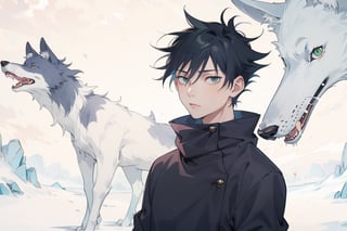 fushiguro megumi , solo, looking at viewer, short hair, bangs, black hair, long sleeves, 1boy, hair between eyes, closed mouth, green eyes, jacket, upper body, male focus, black jacket, glowing, animal, spiked hair, high collar, wolf, fushiguro megumi , blue wolf gowing around him 