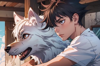 solo, short hair, bangs, shirt, black hair, 1boy, hair between eyes, closed mouth, white shirt, short sleeves, male focus, animal, spiked hair, dog, wolf, fushiguro megumi , black and white two wolves 