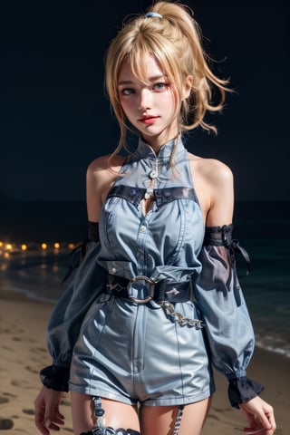  jeanseabreeze, upper body, smile, blush, outdoors, night, simple background, night sky, short hair, sky, beach_background, looking at viewer, moody lighting, jeanrnd, blond_hair, blue_clothes, , Masterpiece, pony_tail, night_beach, beach balls arounds