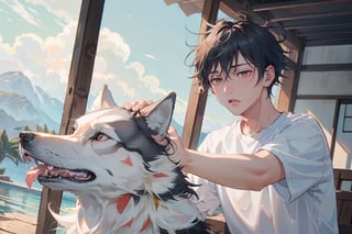 solo, short hair, bangs, shirt, black hair, 1boy, hair between eyes, closed mouth, white shirt, short sleeves, male focus, animal, spiked hair, dog, wolf, fushiguro megumi , black and white two wolves 