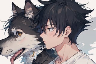 solo, short hair, bangs, shirt, black hair, 1boy, hair between eyes, closed mouth, white shirt, short sleeves, male focus, animal, spiked hair, dog, wolf, fushiguro megumi , black and white two wolves 