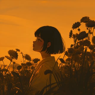 1girl, solo, short hair, black hair, upper body, flower, redscale, profile