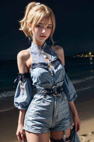  jeanseabreeze, upper body, smile, blush, outdoors, night, simple background, night sky, short hair, sky, beach_background, looking at viewer, moody lighting, jeanrnd, blond_hair, blue_clothes, , Masterpiece, pony_tail, night_beach, beach balls arounds