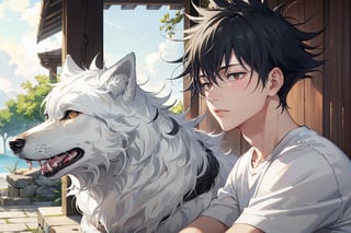 solo, short hair, bangs, shirt, black hair, 1boy, hair between eyes, closed mouth, white shirt, short sleeves, male focus, animal, spiked hair, dog, wolf, fushiguro megumi , black and white two wolves 