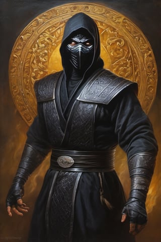 Noob Saibot from Mortal Kombat, 5th century, old master oil painting, perfect composition, filigree, sharp colors, hyperrealism, detail, dynamic light, cinematic light, black fog background, daniel Ridgeway knight, Konstantin Razumov, Jean Baptiste Monge