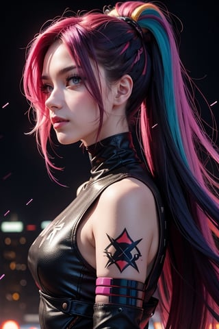 the portrait of a woman with colorful paint on her hair, in the style of cyberpunk manga, bold color palette, gothcore, charming characters, dc comics, hd, pop-culture-infused, detailed, realistic, 8k uhd, high , and her long hair is styled in a sleek updo,	 SILHOUETTE LIGHT PARTICLES,DonMASKTex ,1girl, roujinzhi