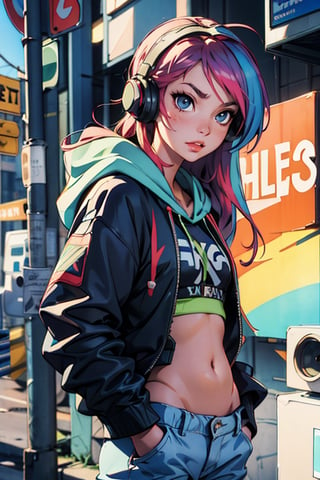 masterpiece, confident lol, squint, hi-res, profoto, rock singer, 1girl, solo, rainbow hair, hoodie, belly button, straight hair, hands in pockets, headphones, long hair,