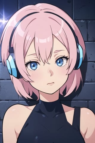 Girl ((short light pink hair)) and dull blue eyes, wearing headphones, leaning against a wall ((with lights shining on her face and body)), wearing a black shirt.,High detailed ,CLOUD