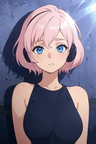 Girl ((short light pink hair)) and dull blue eyes, wearing headphones, leaning against a wall ((with lights shining on her face and body)), wearing a black shirt.,High detailed ,CLOUD