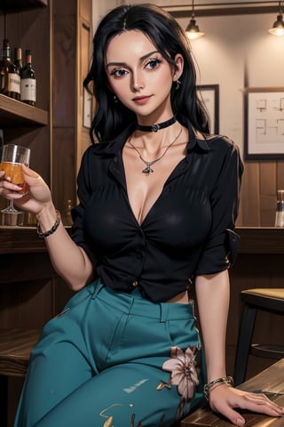 masterpiece, best quality, highres, mature, solo girl, NicoRobin, huge breasts, black hair, big eyes, Cerulean eyes, small smile, delicate hands, jewelry, choker necklace, bracelet, wide pants, wide shirt, night, bar, sit behind table