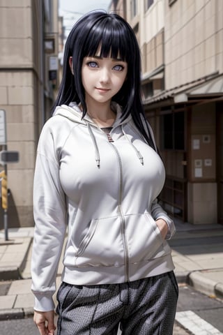 masterpiece, best quality, highres, hinata, solo girl, mature girl, huge breasts, smooth face, detailed face, black hair, long hair, hime cut, white eyes, smile, delicate hands, seductive pose, hoodie, pants, street