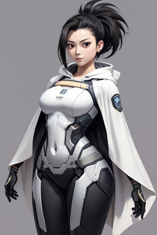 masterpiece, best quality, highres, mature, solo girl, black hair, ponytail, momo, mha, large breasts, wide hips, armored_dress, suit, FutureArmor, hoodie, pants, FutureArmor, scifi background, cape, military cap, rifle