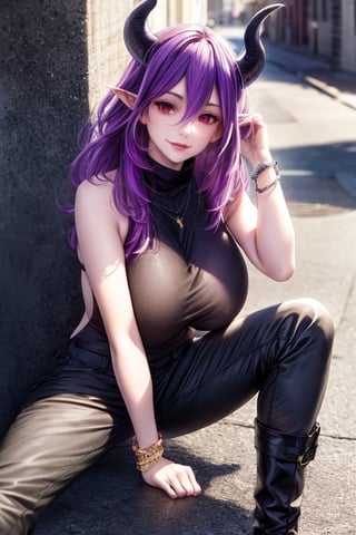 best quality, highres, solo girl, mature, Vermeil, big breasts, purple hair, demon girl, demon horns, horns, low-cut, red eyes, gorgeous face, gorgeous eyes, makeup, demon girl, demon horns, horns, long hair, pointy ears, red hair,  masterpiece, best quality, ultra detailed, 8k, highly detailed, detailed face, pose, small smile, delicate hands, jewelry, choker necklace, bracelet, turtleneck long sweater, pants, boots, street