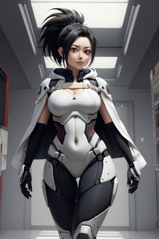 masterpiece, best quality, highres, mature, solo girl, black hair, ponytail, momo, mha, large breasts, wide hips, armored_dress, suit, FutureArmor, hoodie, pants, FutureArmor, scifi background, cape