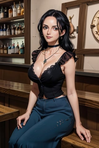 masterpiece, best quality, highres, mature, solo girl, NicoRobin, huge breasts, black hair, big eyes, Cerulean eyes, small smile, delicate hands, jewelry, choker necklace, dress, wide pants, night, bar, sit at table