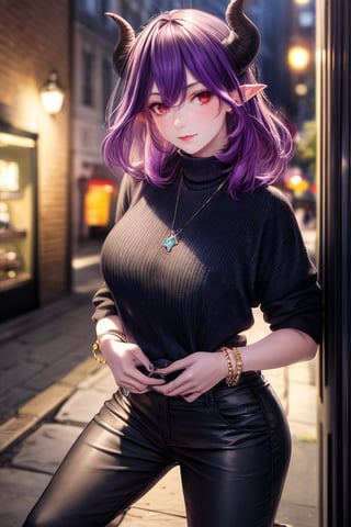 best quality, highres, solo girl, mature, Vermeil, big breasts, purple hair, demon girl, demon horns, horns, low-cut, red eyes, gorgeous face, gorgeous eyes, makeup, demon girl, demon horns, horns, long hair, pointy ears, red hair,  masterpiece, best quality, ultra detailed, 8k, highly detailed, detailed face, pose, small smile, delicate hands, jewelry, choker necklace, bracelet, turtleneck long sweater, pants, boots, street