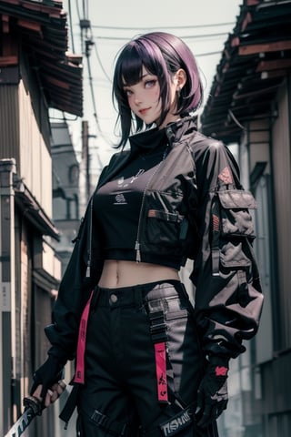 masterpiece, best quality, highres, mature woman, asian, huge breasts, long hair, dark purple hair, hime cut hair, long hair, detailed face, small smile, wide hips, urban techwear, techwear jacket, techwear pants, techwear gloves, katana, firearms