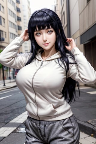 masterpiece, best quality, highres, hinata, solo girl, mature girl, huge breasts, smooth face, detailed face, black hair, long hair, hime cut, white eyes, smile, delicate hands, seductive pose, hoodie, pants, street