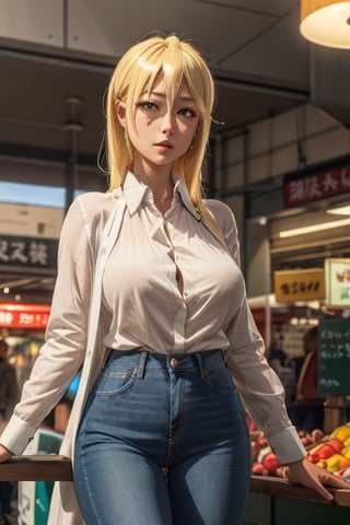 best quality, highres, marikawashizuka, mature, 1girl, solo, large breasts, dress, jeans, market