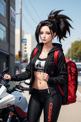  mature, 1girls, solo girl, black hair, large_chest, large_ass, momo mha, black hoodie and bike_suit, small backpack, combat position, motorcycle, 