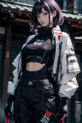 masterpiece, best quality, highres, mature woman, asian, huge breasts, long hair, dark purple hair, hime cut hair, long hair, detailed face, small smile, wide hips, urban techwear, techwear jacket, techwear pants, techwear gloves, katana