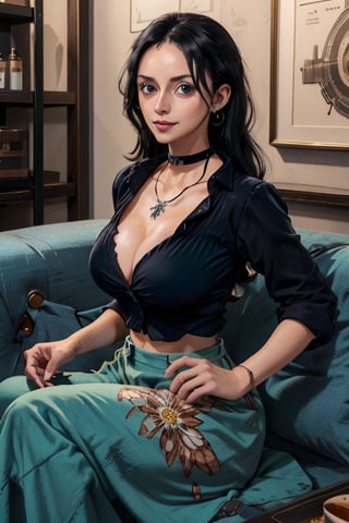 masterpiece, best quality, highres, mature, solo girl, NicoRobin, huge breasts, black hair, big eyes, Cerulean eyes, small smile, delicate hands, wide hips, jewelry, choker necklace, bracelet,  blue wide pants, black wide shirt, caffe shop, sit sofa