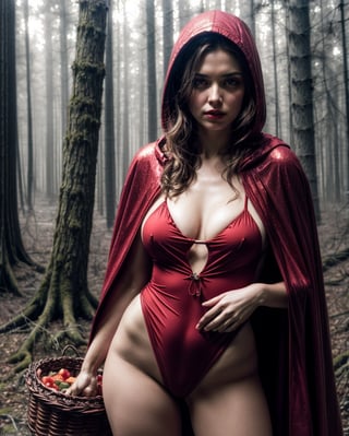 (masterpiece)+, (best quality)+, (intricate detail)+, red riding hood with a werewolf, wearing red sexy swimsuit, Red hooded cape, deep cleavage, in a dark spooky forest, wolf, scary, basket of food, ((scared)),((light sparkles)), [chromatic aberration], by Jeremy Lipking, by Antonio J. Manzanedo, by (Alphonse Mucha)