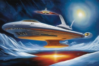 "Imagine you are a crew member aboard the USS Enterprise from Star Trek, navigating through the icy expanse of deep space. The ship's hull creaks as it maneuvers through the frigid darkness, its windows glowing with the warm light from within. Outside, the vast expanse of space is a mesmerizing deep blue, contrasting with the fiery jets of the Enterprise's engines. Draw a detailed account of the experiences, emotions, and thoughts about this breathtaking journey through the cold unknown, capturing the juxtaposition between the warmth of the ship and the chilling beauty of the cosmic ice surrounding the starship U.S.S. Enterprise."