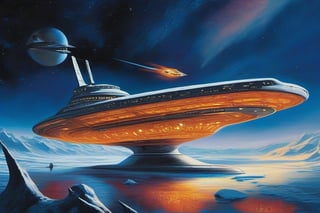 "Imagine you are a crew member aboard the USS Enterprise from Star Trek, navigating through the icy expanse of deep space. The ship's hull creaks as it maneuvers through the frigid darkness, its windows glowing with the warm light from within. Outside, the vast expanse of space is a mesmerizing deep blue, contrasting with the fiery jets of the Enterprise's engines. Draw a detailed account of the experiences, emotions, and thoughts about this breathtaking journey through the cold unknown, capturing the juxtaposition between the warmth of the ship and the chilling beauty of the cosmic ice surrounding the starship U.S.S. Enterprise."